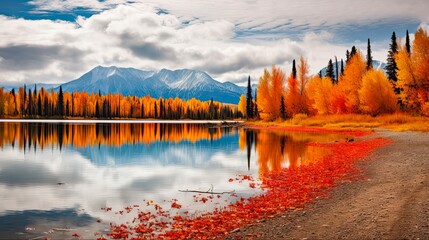 Fall Foliage at Skilak Lake near Cooper Landing on Kenai Peninsula, Alaska. Foliage Turning Orange and Yellow as Autumn Arrives in the United States: Generative AI