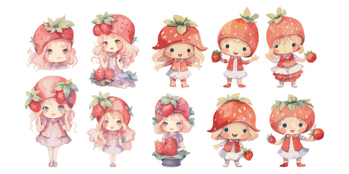 Watercolor strawberry shortcake character clipart for graphic resources