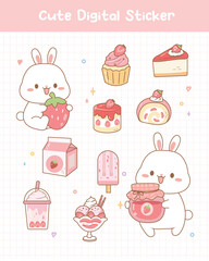 Cute Digital Sticker Rabbit Strawberry Dessert