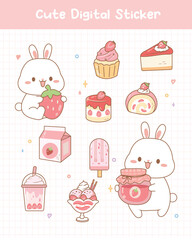Fototapeta premium Cute Digital Sticker Rabbit Strawberry Dessert