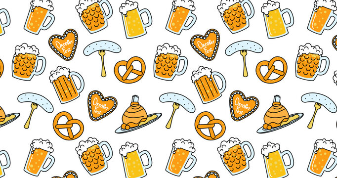 Octoberfest elements seamless pattern. Background with beer, pretzel, beer, sausage and other German food. Traditional Bavarian decoration. 