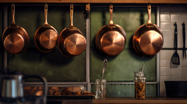 various copper pans on the wall in the kitchen, generative AI