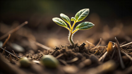 A small plant is sprouting from the nitrogen-rich soil sprout seedling macro.