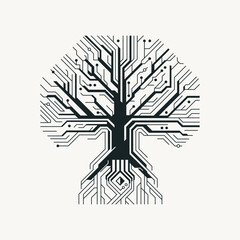Digital tree stylized as an computer electronic microcircuit pattern with chip tracks.