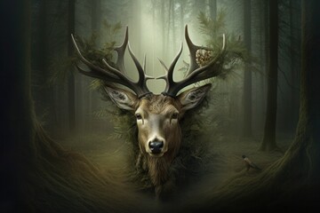 A deer in the woods with a head that has antlers, in the style of realistic fantasy artwork, made of insects. Generative AI.