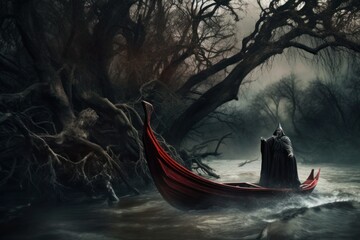 A cloak in a boat on a river beneath a tree, in the style of gothic dark and macabre. Generative AI.