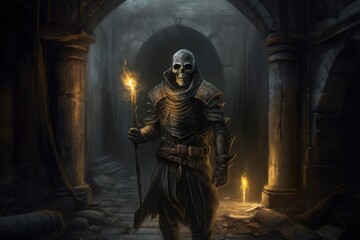 A dark knight with a torch in an underground corridor, skull motifs. Generative AI. - obrazy, fototapety, plakaty