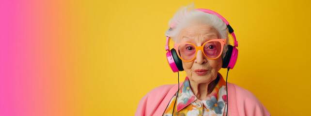 Studio portrait of eccentric elderly woman listening to music on headphones, colorful pink and yellow background - obrazy, fototapety, plakaty