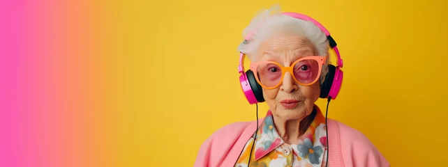 Zelfklevend Fotobehang Studio portrait of eccentric elderly woman listening to music on headphones, colorful pink and yellow background © Elena