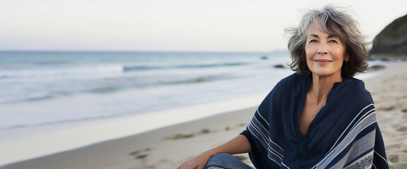 Lifestyle portrait of attractive middle aged woman sitting on beach at dusk