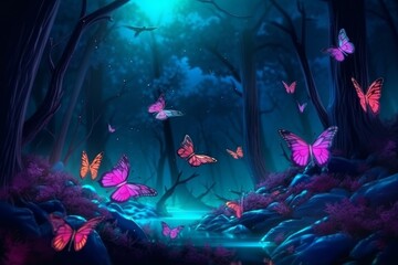 Fototapeta na wymiar Mysterious forest with purple butterflies by the water at night, in the style of dark pink and light aquamarine. Generative AI.