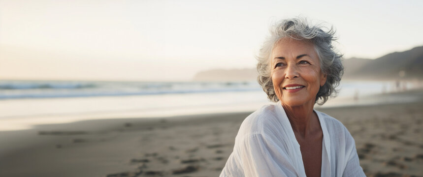 Lifestyle Portrait Of Happy Attractive Elderly Woman Sitting On Beach At Sunset