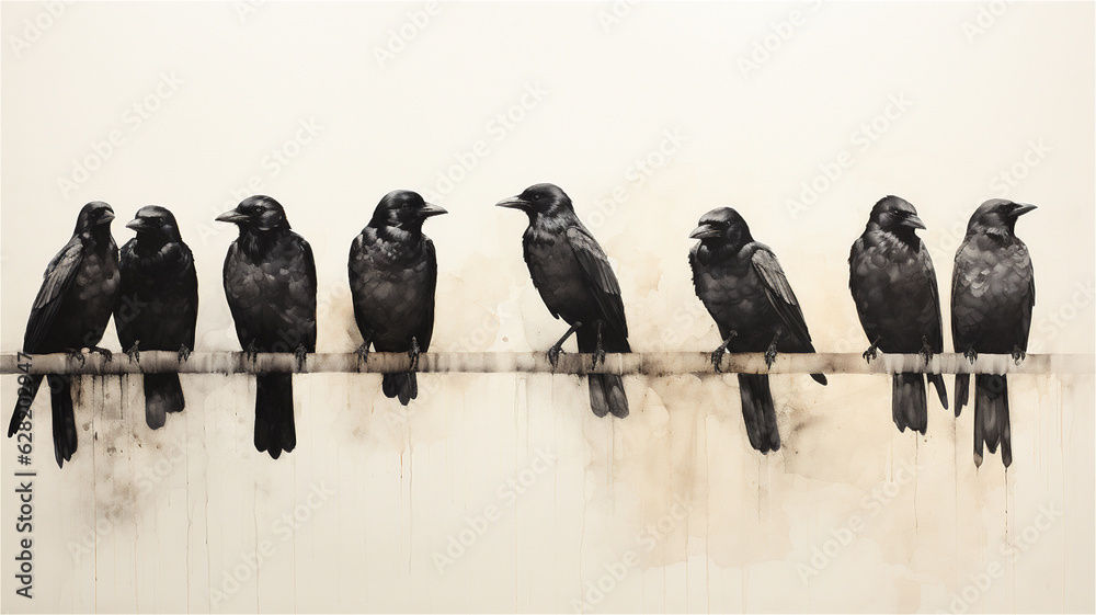 Wall mural A illustration of a murder of crows standing on a long tree branch