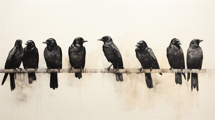 A illustration of a murder of crows standing on a long tree branch - obrazy, fototapety, plakaty
