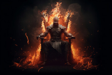 Hd background of warrior in fire sits on the throne, in the style of photorealistic renderings, stark contrast of light and shadow. Generative AI.