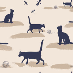 Cute Cats. Seamless pattern background with kittens. Hand drawn vector illustration. Pattern for modern design wallpaper, textile.