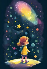 Cover book of kid standing on universe with cute little stars Created with Generative AI technology.