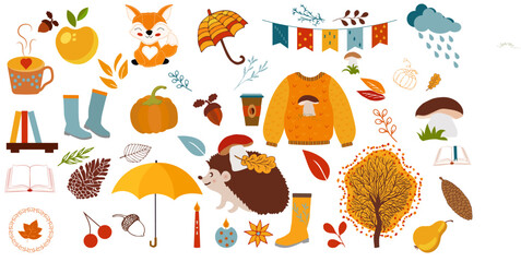 A large collection of autumn elements with clothes, fruits, animals, leaves, acorns, pumpkin and more.
