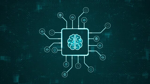 Motion graphic of Blue digital brain logo and futuristic HUD technology circuit board with icon and data transfer on abstract background with Ai chatbot and machine learning technology concepts