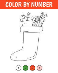 Color by number game for kids. Cute sock with gift box. Christmas coloring page. Printable worksheet with solution for school and preschool. Learning numbers activity.