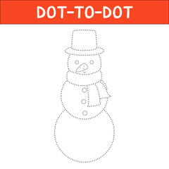 Dot to dot educational game and Coloring book of cute snowman cartoon character for preschool kids activity handwriting practice worksheet.