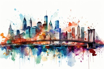 Beautiful colorful night New York. Brooklyn Bridge, watercolor.