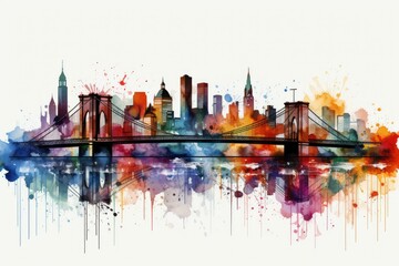 Obraz premium Beautiful colorful night New York. Brooklyn Bridge, watercolor.