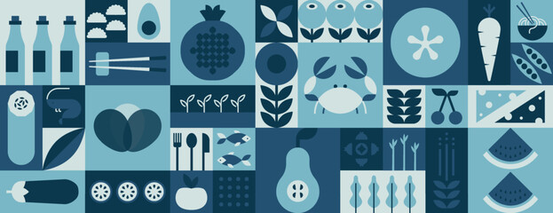 Mosaic geometric food banner. Natural fruit vegetable seafood pattern restaurant menu identity design. Vector background