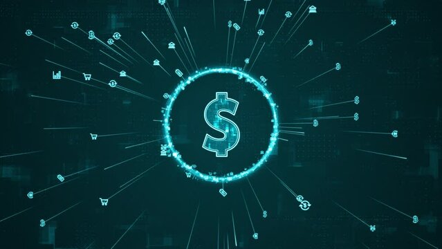 Motion graphic of Blue digital money logo and ring rotation around logo with ai icon spread and line linked on abstract background with crypto currency finance and digital money concepts	