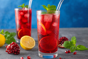 Iced red lemonade drink with fresh mint, sugar syrup and pomegranate juice in glass on a dark concrete background. Refreshing summer drink. Copy space.