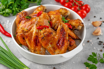 Baked chicken wings served with sweet chili sauce and fresh herbs. Selective focus.