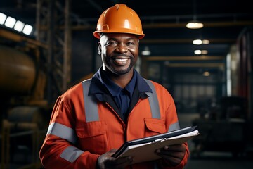 a man wearing a hard hat and holding a clipboard