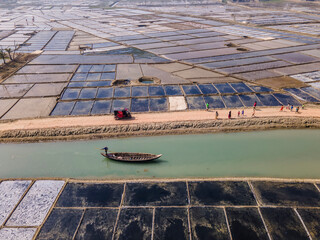 Fototapeta premium Aerial view of natural salt field on the coast of bashkhali Island in Chittagong, Bangladesh.