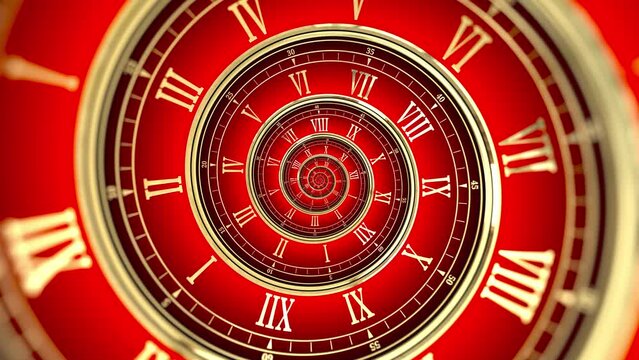 Abstract modern red spiral clock dial with golden roman and arabic numerals. Concept of Infinite time, deadline, scheduling, time and space, past, present and future. Seamless loop.