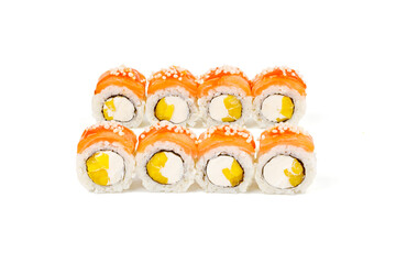 salmon and mango rolls on white background for restaurant website
