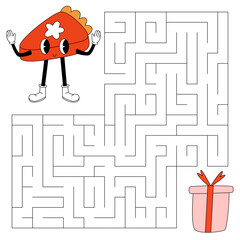 Maze game for kids. Cute groovy pumpkin pie with face looking for a way to the gift box. 70s, 80s halloween, autumn vibe, thanksgiving day. Printable worksheet with solution for school and preschool.