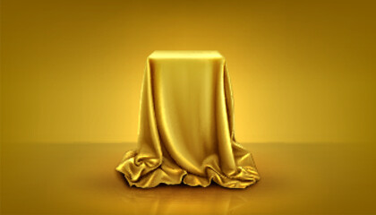 Realistic square podium covered with golden silk cloth. Vector illustration of surprise gift box hidden under satin fabric curtain with drapery waves, yellow studio background. Grand presentation