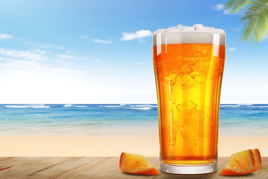 A Beer glass lost in beach background Oktoberfest concept