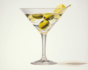Glass martini glass with olives lemon refreshing alcohol cocktail aperitif