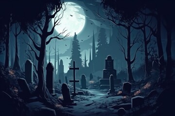 Graveyard in creepy forest in dark night gloomy creepy graves. Generative AI