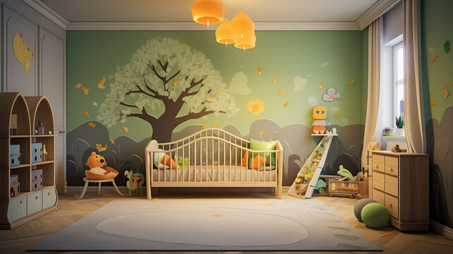Nursery interior design, baby room furniture, cozy infant  bedroom