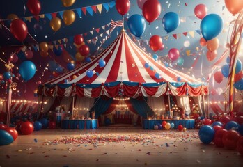 Circus tent with balloons and confetti background - obrazy, fototapety, plakaty