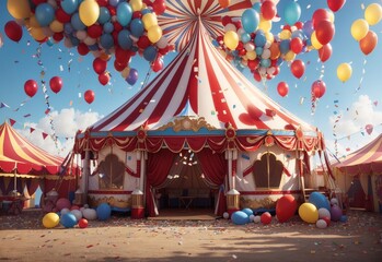 Circus tent with balloons and confetti background