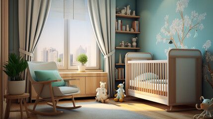 Nursery interior design, baby room furniture, cozy infant  bedroom