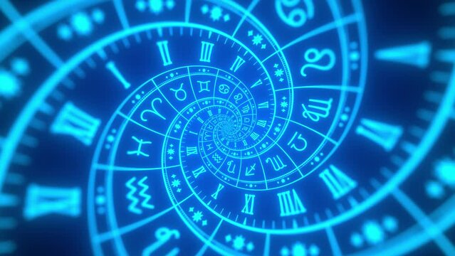 Zodiac spiral and signs of the zodiac in space. Astrology, horoscopes and prediction of the future concept. Abstract animation in blue color. Seamless loop.