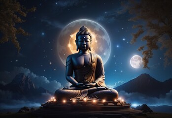 Budda with a halo and starry night sky background