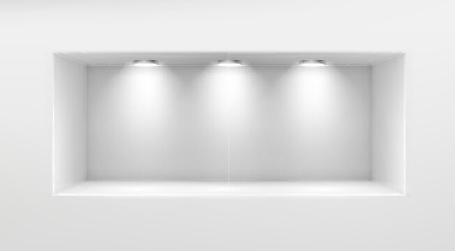 3d white niche shelf box showcase frame with light vector background. Museum interior with exhibit hole perspective view. Projector spotlight inside compartment for gallery exposition stand design