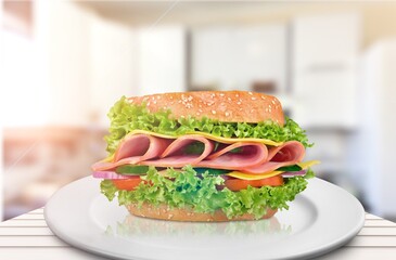 Fresh tasty toasted sandwiches with ham and vegetables