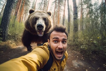Man running away from scary bear in forest