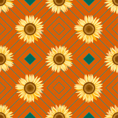 Yellow sunflower seamless pattern on geometric square orange color textured background. Decorative cute floral vector illustration.  Textile, fabric print design - 628208359
